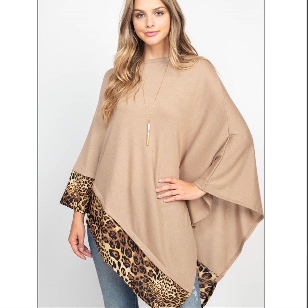 ALL YEAR ROUND LEOPARD TRIM SOLID PONCHO - TAUPE - Picture 3 of 3